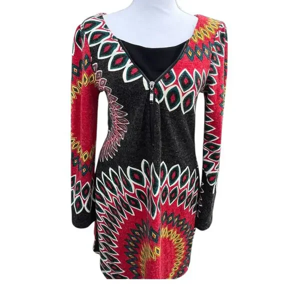 Aryeh Sweater Dress Women's MEDIUM Boho Geometric Mini Zip Front Long Sleeve - Picture 2 of 9